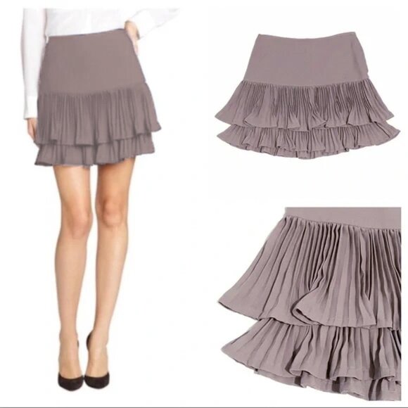 BCBGMAXAZRIA Ruffle NIMA Mini Pleated Flirty Skate Skirt Size 0 Hazelnut - Picture 1 of 12